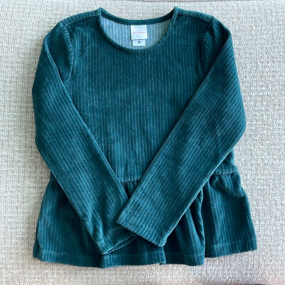 Girls green Hanna Anderson velour blouse with line detail and ruffled bottom